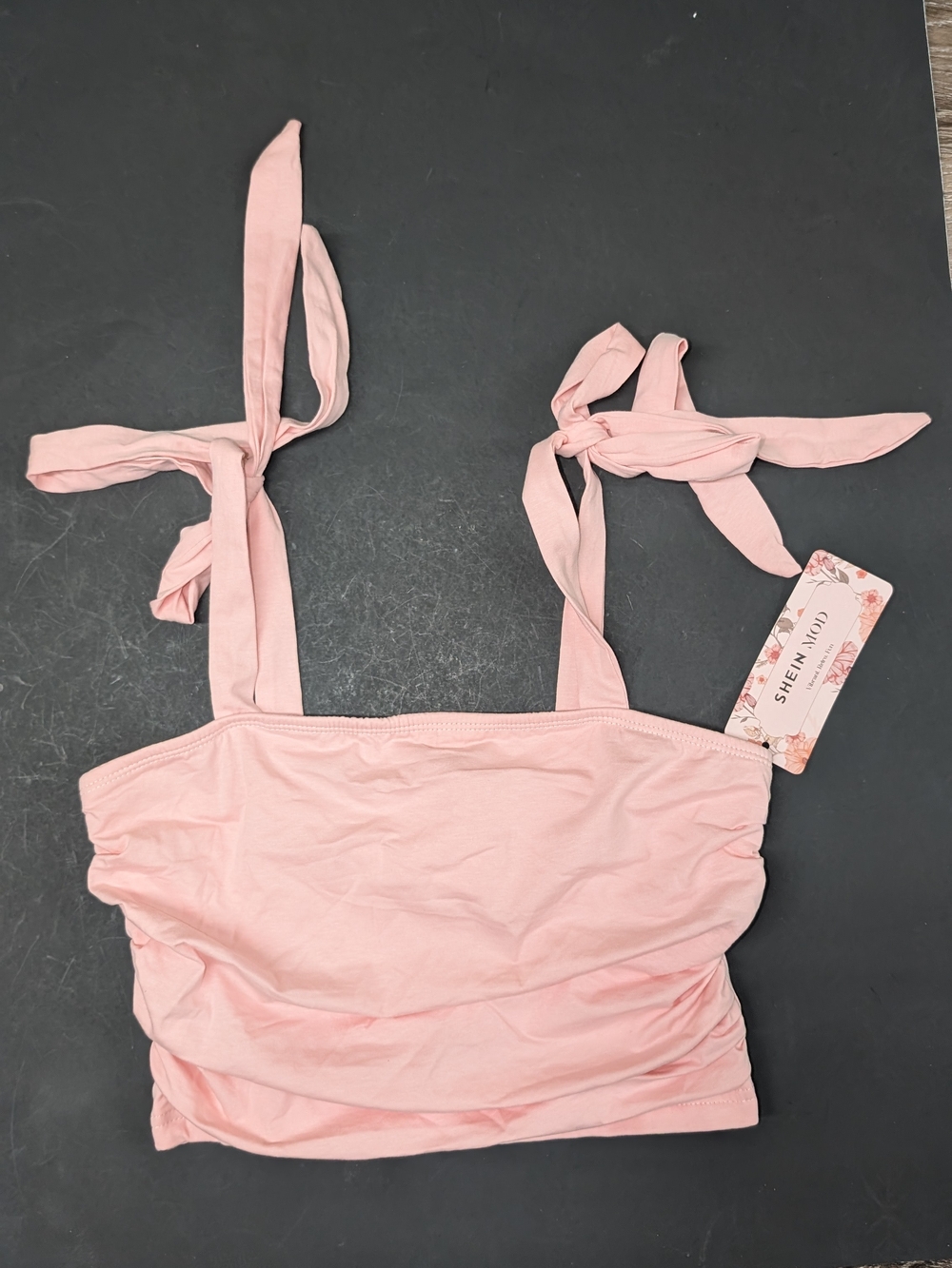 NWT SHEIN MOD Pink Tie Shoulder Ruched Crop Top Small